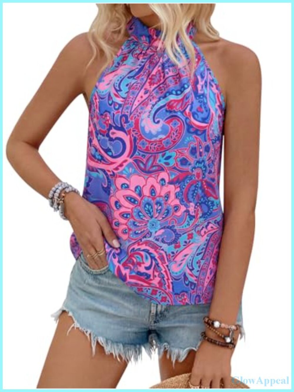 Women's Sleeveless Halter Tank Top - Bohemian Paisley Print Summer Blouse